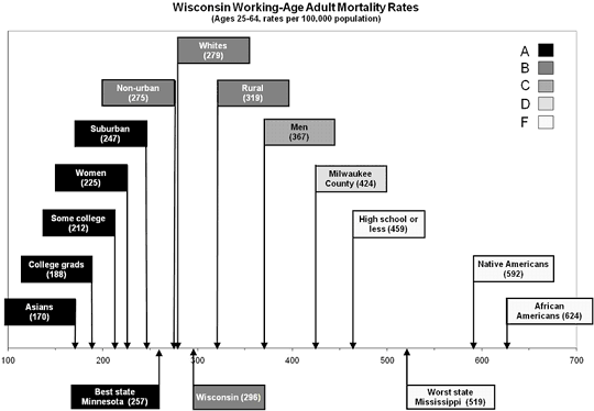 Graphic depiction of Wisconsin working-age adult mortality rates, by subpopulation