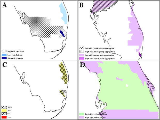 Map of unidentified areas (to protect privacy) in South Florida showing clusters of communities at high risk for colorectal cancer.