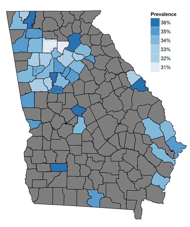 	The prevalence of high body mass index (BMI) in the 25% of counties 