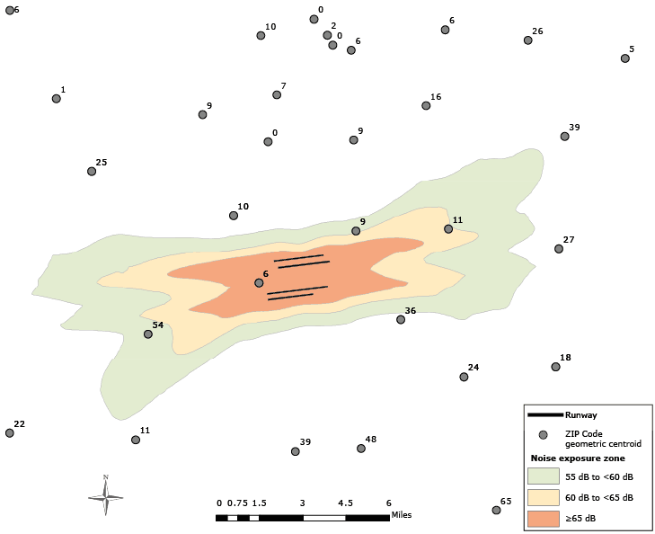 	Example of airport noise exposure data and Behavioral Risk Factor Surveillance System (BRFSS) sample sizes at the ZIP Code level for 2008 and 2009.