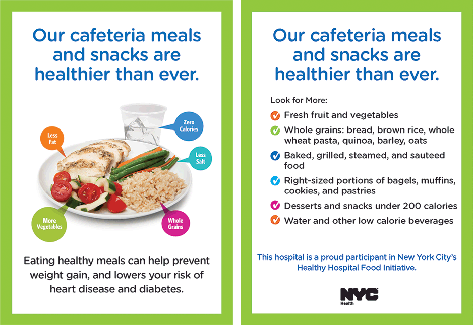 	Promotional signage for hospital cafeterias. Abbreviation: NYC, New York City. 