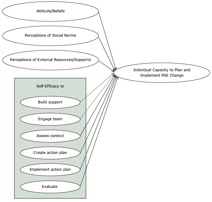 	Conceptual framework used to measure the capacity of out-of-school time program providers to plan and implement interventions that change organizational policies, systems, or environments (PSE interventions).