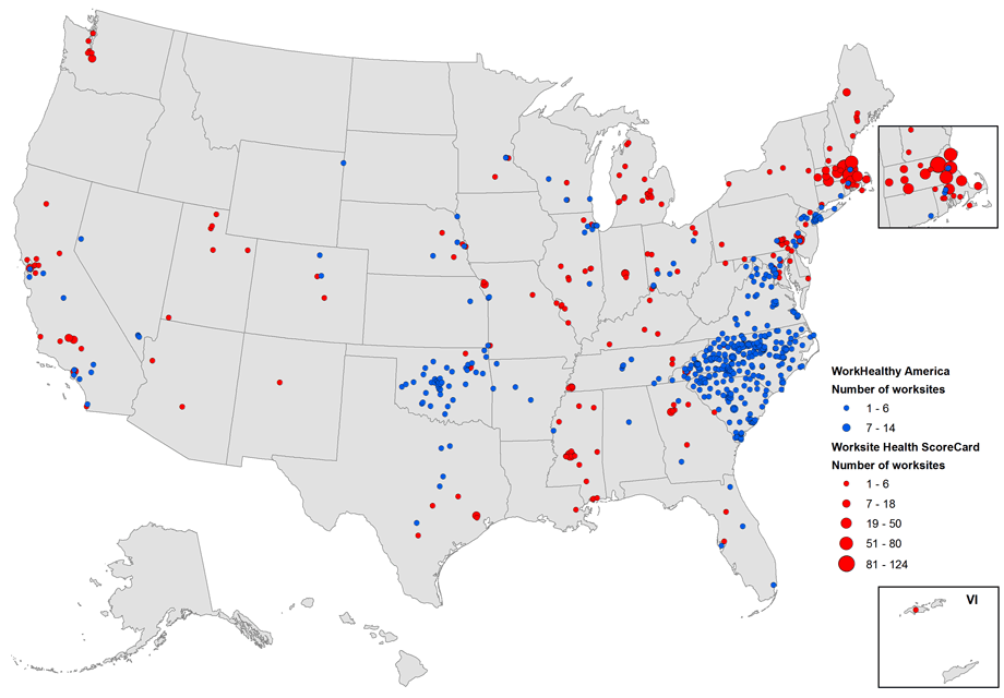 	Workplaces using WorkHealthy America (2008–2015, N = 667) and the CDC Worksite Health ScoreCard (2014–2015, N = 1,124). Workplaces were mapped to city, county, or zip code depending on availability of geographic data. Excluded are 6 workplaces because of lack of geographic information. Abbreviation: VI, Virgin Islands.