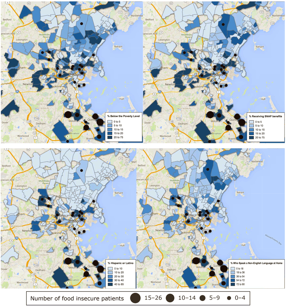 	Intensity maps of sociodemographic variables at the census tract level with overlapping data on the number of food insecure women residing in each census tract, Boston metropolitan area, 2013â€“2015. Abbreviation: SNAP, Supplemental Nutrition Assistance Program.