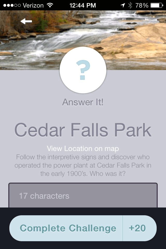 	Screenshot showing an example of a Park Hop park clue, Park Hop mobile app, Greenville County, South Carolina, 2014. 