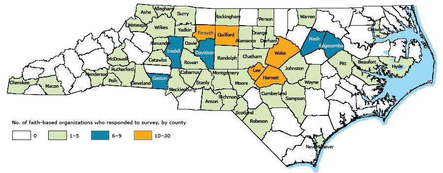 	Counties represented by the faith communities that responded to the survey on sharing facilities for physical activity, North Carolina, 2013.