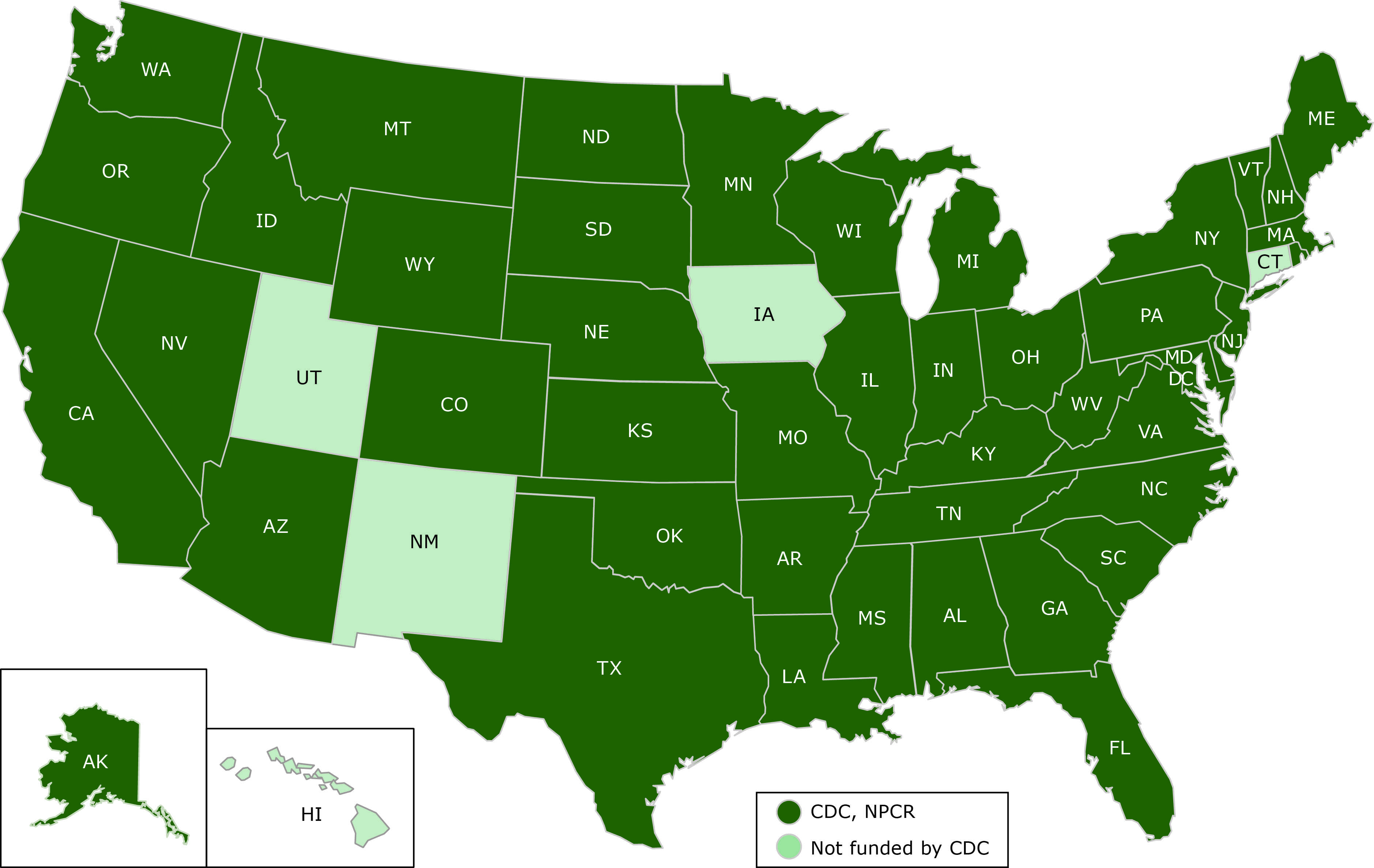 	Centers for Disease Control and Prevention’s (CDC’s) National Program of Cancer Registries (NPCR) 2017 funding, showing which states receive funding from CDC’s NPCR and which do not.