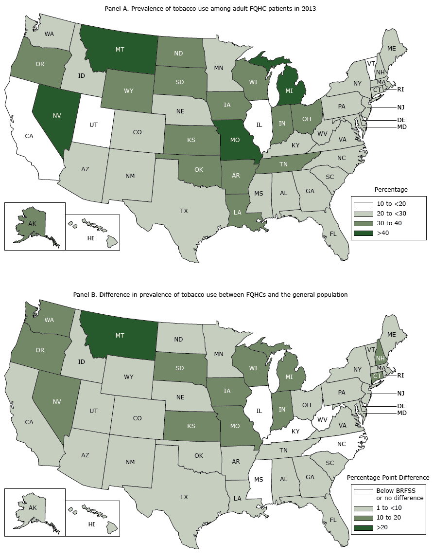 	Federally qualified health center (FQHC) tobacco use prevalence and differences between FQHC and state-level estimates. Panel A shows the US prevalence of tobacco use among adult FQHC patients in 2013; panel B shows the differences in prevalence of tobacco use between FQHCs and the general population. Sources: Uniform Data System, 2013 (Panels A and B), and Behavioral Risk Factor Surveillance System, 2013 (Panel B). 