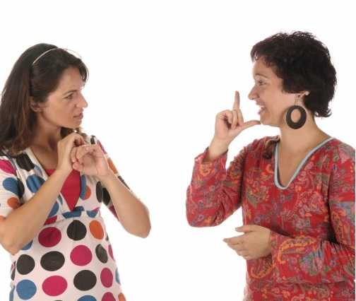 Two women communicating in sign language