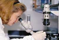 woman looking at microscope