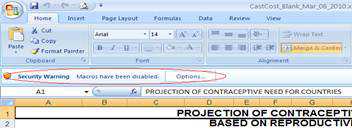 Description: This screen show the security warning concerning Macros that appears when the user opens the CastCost spreadsheet in Excel 2007.