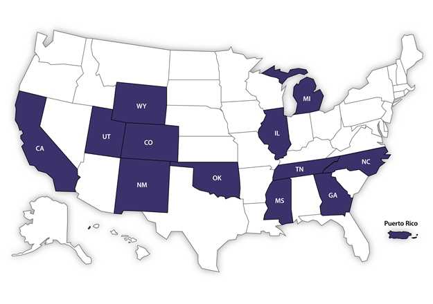 image of a US map showing a total of 12 highlighted states (California, Colorado, Georgia, Illinois, Michigan, Mississippi, New Mexico, North Carolina, Oklahoma, Tennessee, Utah, and Wyoming) and Puerto Rico. These are participating in CDC LOCATe.