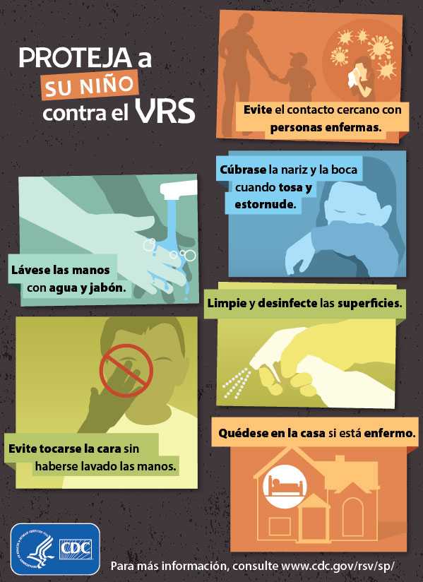 Proteja a su niño contra el VRS. Evite el contacto cercano con personas enfermas. Cúbrase la nariz y la boca cuando tosa y estornude. Lávese las manos con agua y jabón. Limpie y desinfecte las superficies. Evite tocarse la cara sin haberse lavado las manos.Quédese en la casa si está enfermo.