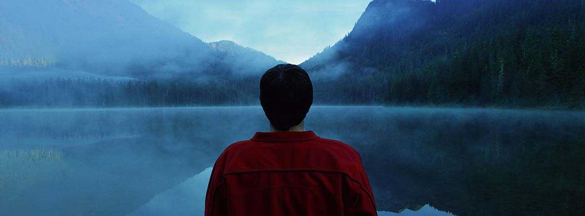 Man standing by lake covered with fog, rear view