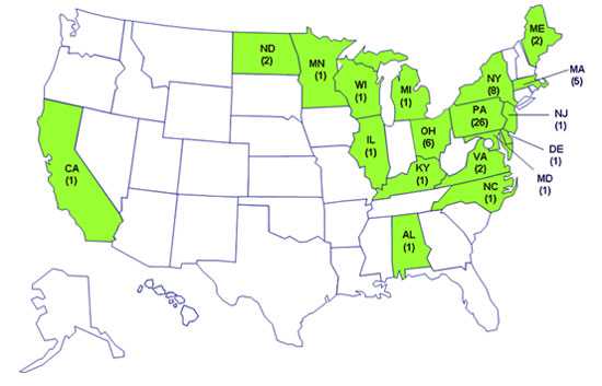 Map of persons infected with the outbreak strain of Salmonella Schwarzengrund, by state of residence, as of September 4, 2007 (n=62). As of September 4, 2007, 62 persons infected with the same strain of &lt;em&gt;Salmonella&lt;/em&gt; Schwarzengrund have been reported to CDC from 18 states: Pennsylvania (26 cases), New York (8 cases), Ohio (6 cases), Massachusetts (5 cases), Maine (2 cases), North Dakota (2 cases), Virginia (2 cases), Alabama (1 case), California (1 case), Delaware (1 case), Illinois (1 case), Kentucky (1 case), Maryland (1 case), Michigan (1 case), Minnesota (1 case), New Jersey (1 case), North Carolina (1 case), and Wisconsin (1 case).