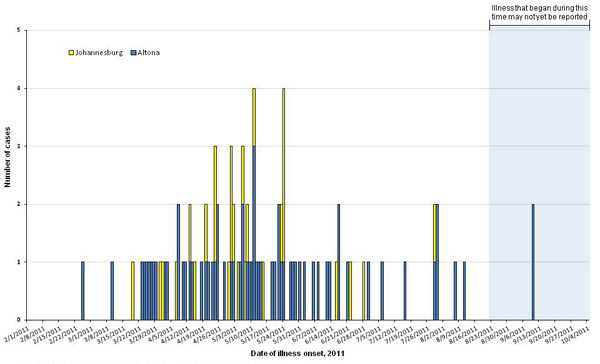 Final Epi Curve: Persons infected with the outbreak strains of Salmonella Altona and Salmonella Johannesburg, by month of illness onset