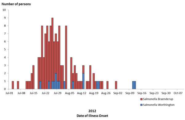 Final Epi Curve: Persons infected with the outbreak strain of Salmonella Braenderup, by date of illness onset 