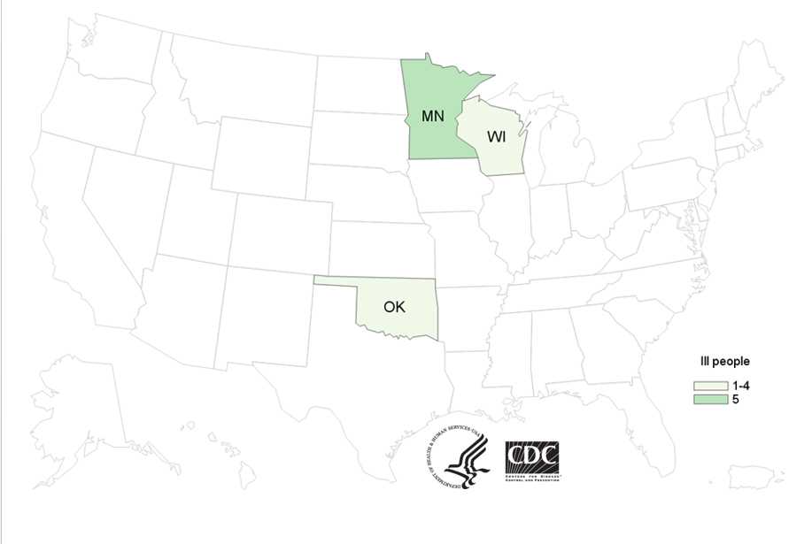 People infected with the outbreak strain of Salmonella Enteritidis, by state of residence, as of July 16, 2015 (n=7)