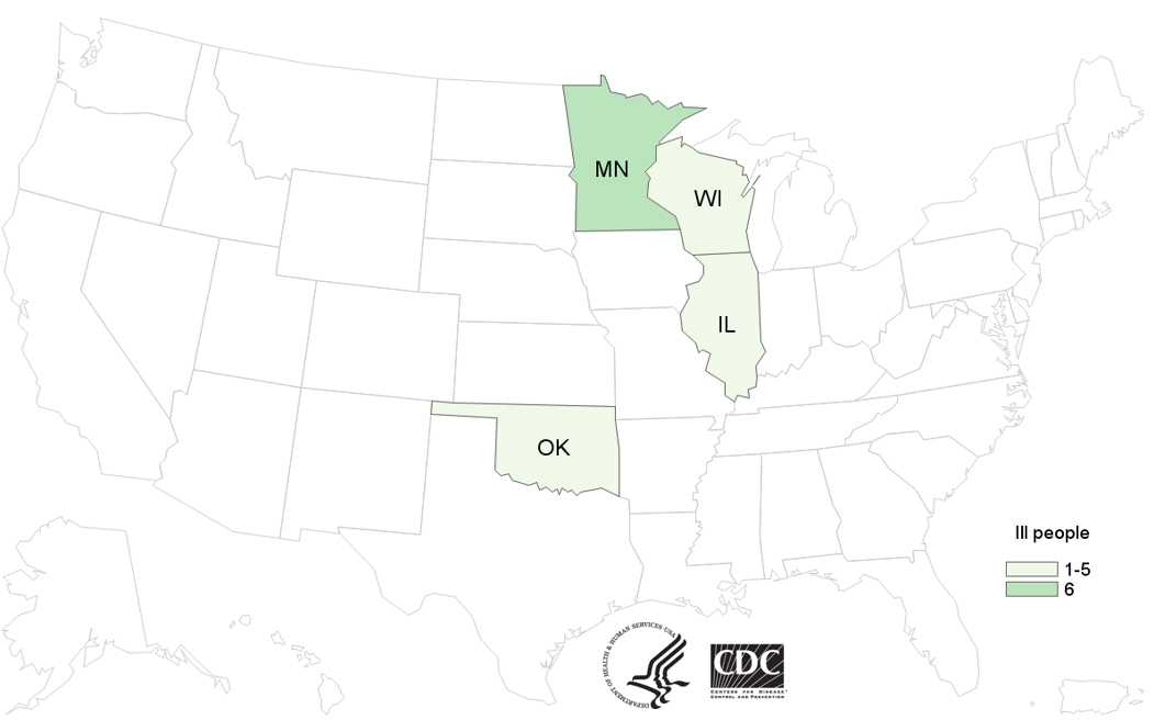 People infected with the outbreak strain of Salmonella Enteritidis, by state of residence, as of July 29, 2015 (n=9)