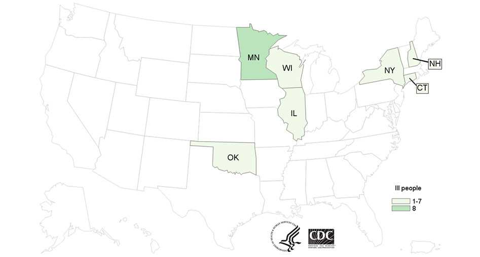 People infected with the outbreak strain of Salmonella Enteritidis, by state of residence, as of October 15, 2015 (n=15)