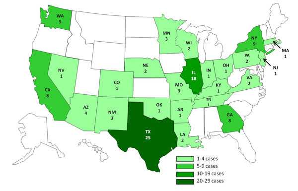 chart and map showing Salmonella Agona, by state