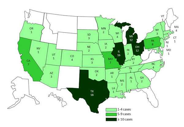 A map of the United States displaying Salmonella Heidelberg infections by state