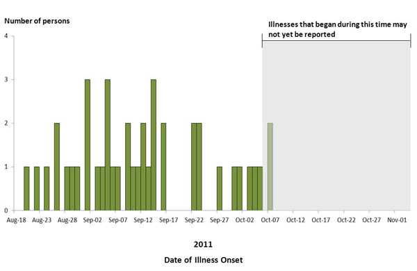 Persons infected with the outbreak strain of Salmonella Enteritidis, by known or estimated onset date