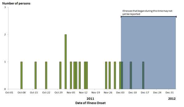 Infected with the outbreak strain of Salmonella Typhimurium by date of illness onset