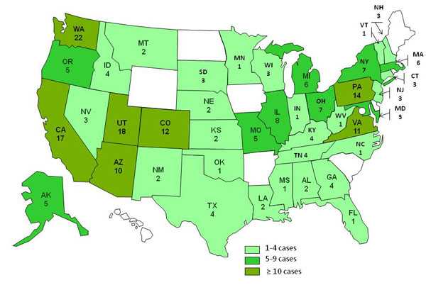 Infected with the outbreak strain of Salmonella Typhimurium, by state