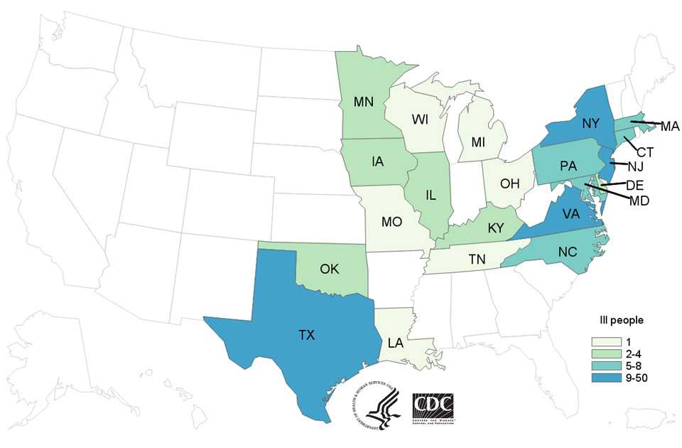 People infected with the outbreak strain of Salmonella, by state of residence, as of August 16, 2017