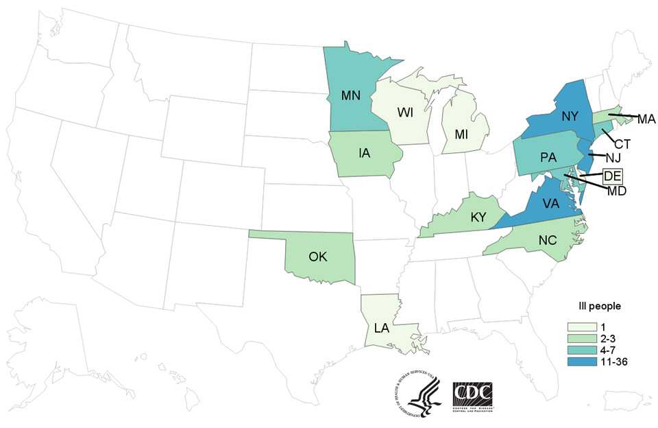 People infected with the outbreak strain of Salmonella Kiambu or Salmonella Thompson, by state of residence, as of July 21, 2017