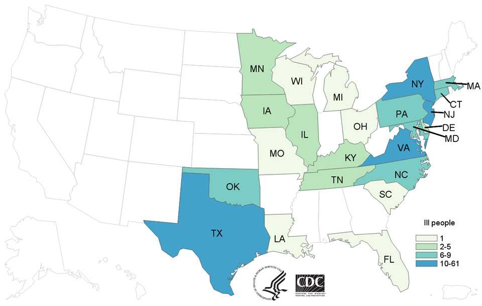 People infected with the outbreak strain of Salmonella, by state of residence, as of August 30, 2017