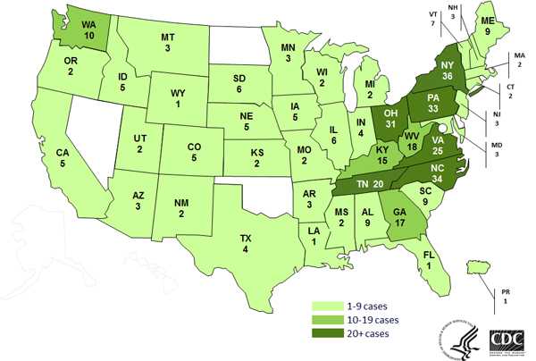 Persons infected with the outbreak strains of Salmonella Infantis, Newport, or Hadar, by state