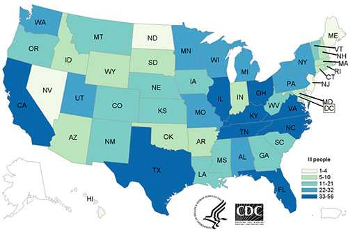 People infected with the outbreak strains of Salmonella, by state of residence, as of July 7, 2017 (n=790) 