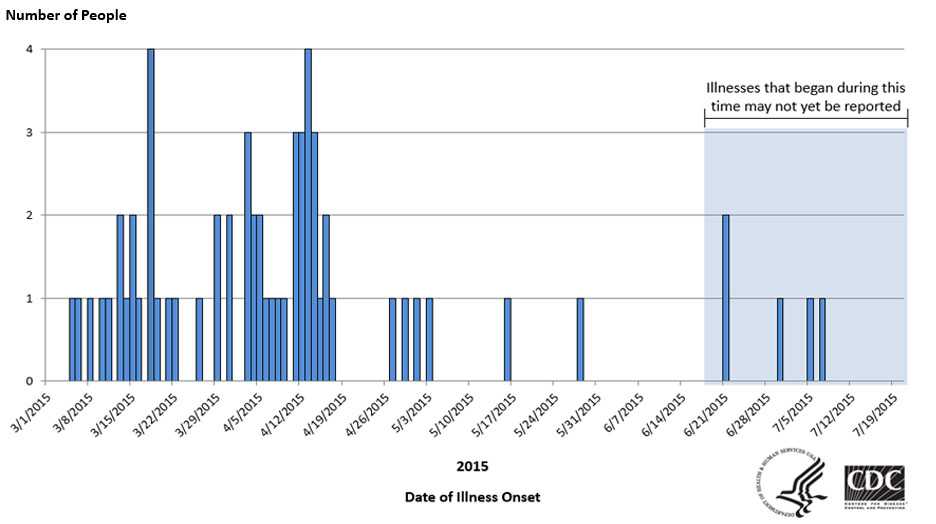 People infected with the outbreak strain of Salmonella Paratyphi B var. L(+) tartrate (+), by date of illness onset*