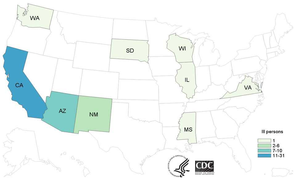 Persons infected with the outbreak strain of Salmonella Paratyphi B variant L(+) tartrate(+), by state of residence, as of May 21, 2015 (n=53)