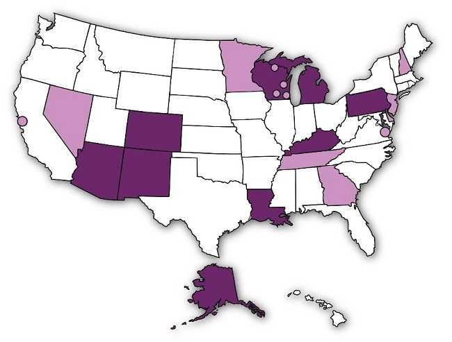 US map showing 18 grantee sites