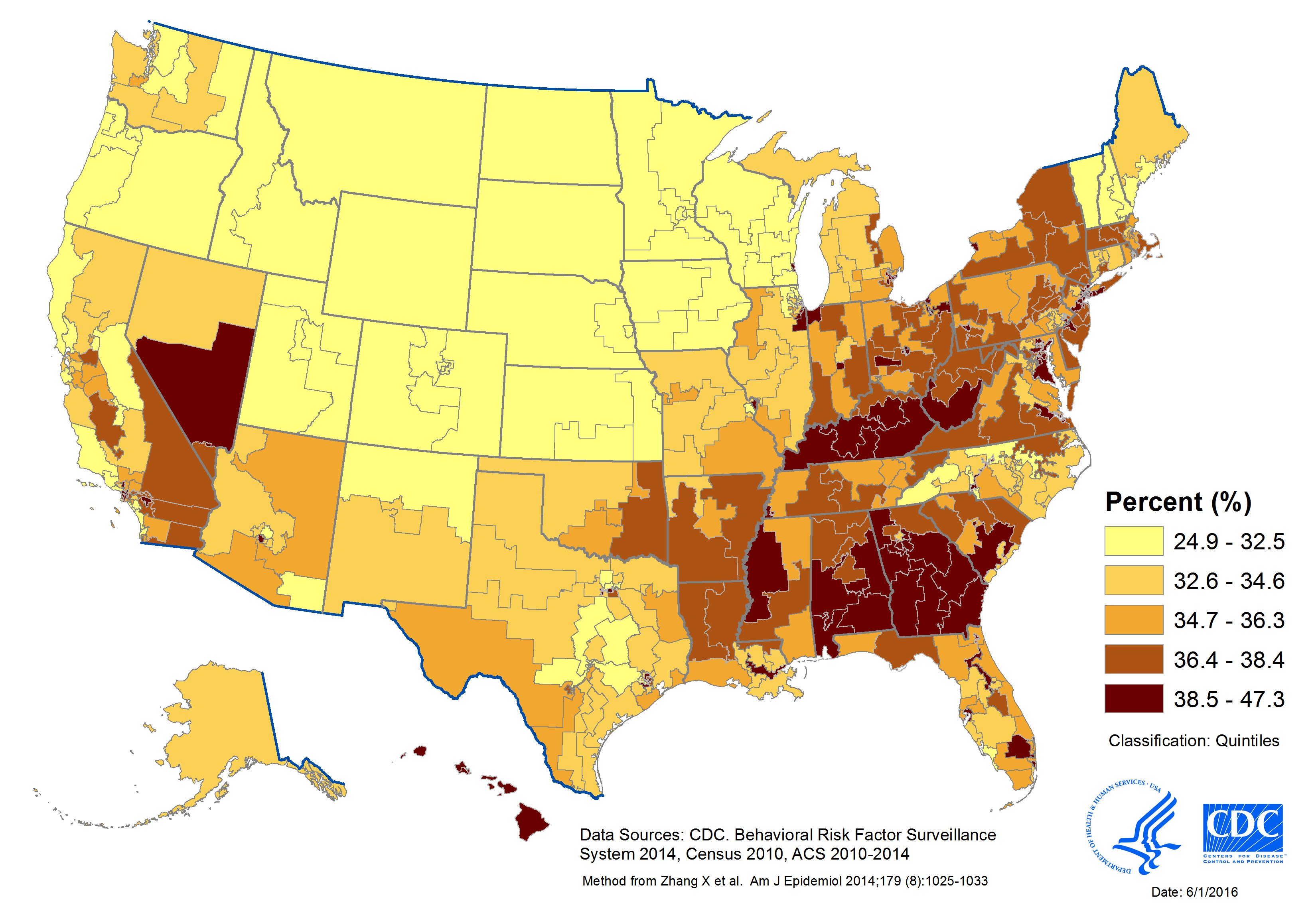 Map displaying model-based prevalence of short sleep duration (<7 hours), by census tract in the United States, 2014. Data sources for development of model included CDC’s Behavioral Risk Factor Surveillance System (2014), the U.S. Census (2010), and the American Community Survey (2010-2014). Census tract short sleep prevalence estimates ranged from 24.9% to 47.3%.