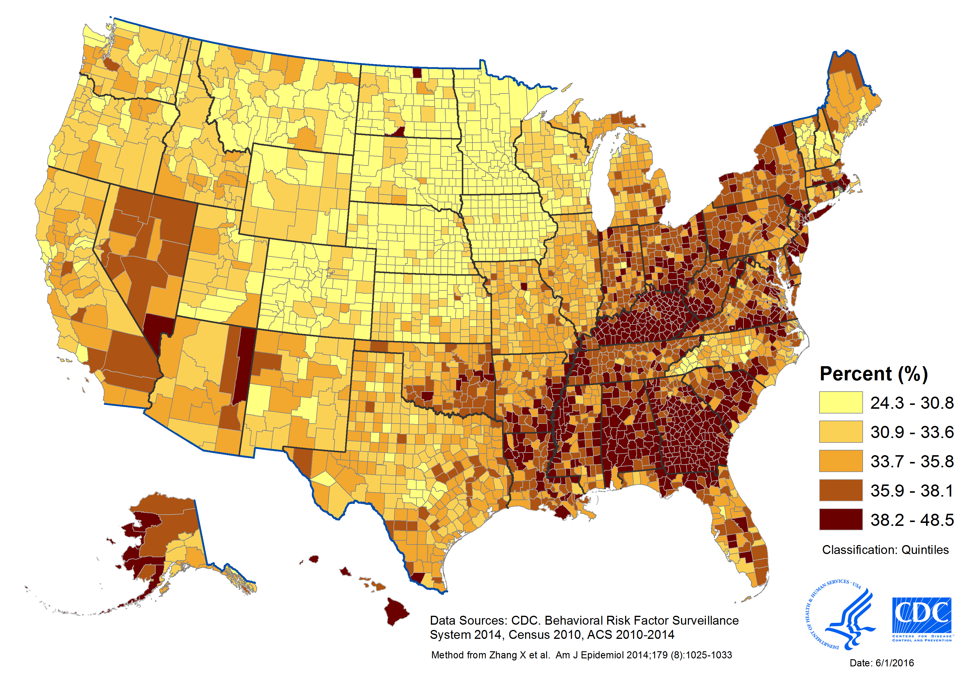 Map displaying model-based prevalence of short sleep duration (<7 hours), by county in the United States, 2014. Data sources for development of model included CDC’s Behavioral Risk Factor Surveillance System (2014), the U.S. Census (2010), and the American Community Survey (2010-2014). County short sleep prevalence estimates ranged from 24.3% to 48.5%.