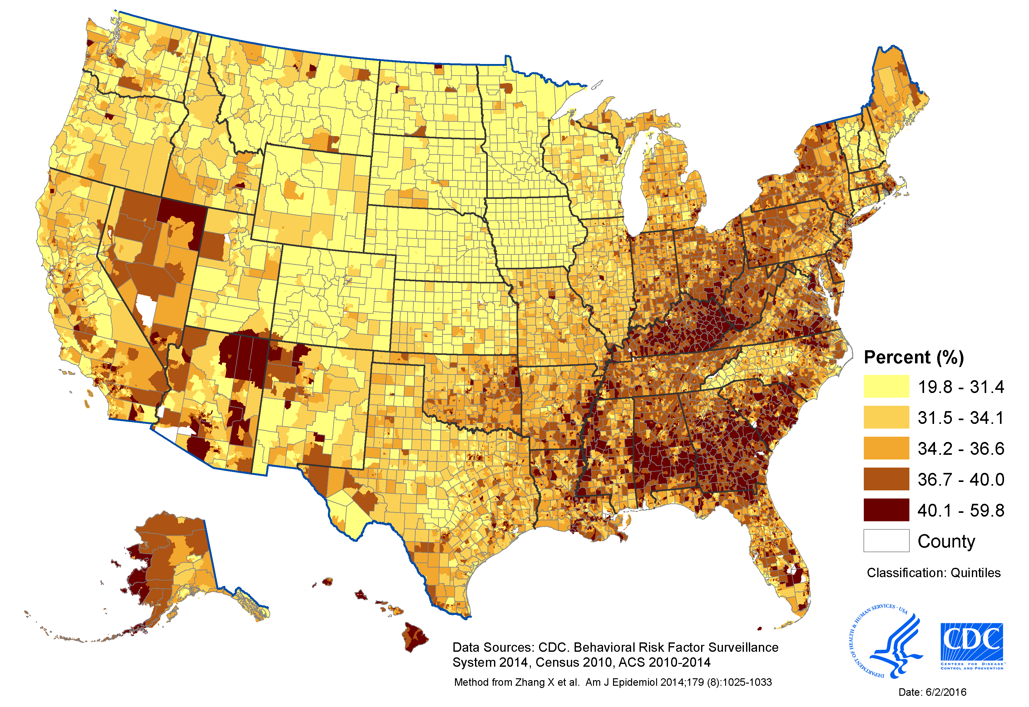 Map displaying model-based prevalence of short sleep duration (<7 hours), by census tract in the United States, 2014. Data sources for development of model included CDC’s Behavioral Risk Factor Surveillance System (2014), the U.S. Census (2010), and the American Community Survey (2010-2014). Census tract short sleep prevalence estimates ranged from 19.8% to 59.8%.