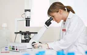 lab worker looking through microscope