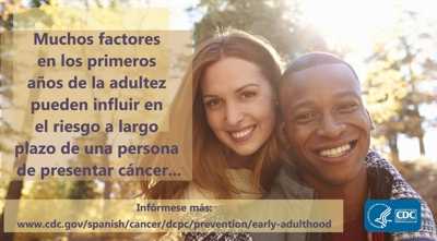 Muchos factores en los primeros años de la adultez pueden influir en el riesgo a largo plazo de una persona de presentar cáncer. Infórmese más: www.cdc.gov/spanish/cancer/dcpc/prevention/early-adulthood.