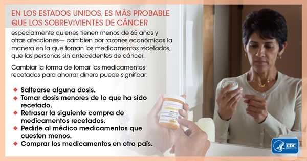 En los Estados Unidos, es más probable que los sobrevivientes de cáncer especialmente quienes tienen menos de 65 años y otras afecciones cambien por las razones económicas la manera en la que toman los medicamentos recetados, que las personas sin antecedentes de cáncer. Cambiar la forma de tomar los medicamentos recetados para ahorrar dinero puede significar saltearse alguna dosis, tomar dosis menores de lo que ha sido recetado, retrasar la siguiente compra de medicamentos recetados, pedirle al médico medicamentos que cuesten menos, y comprar los medicamentos en otro país.