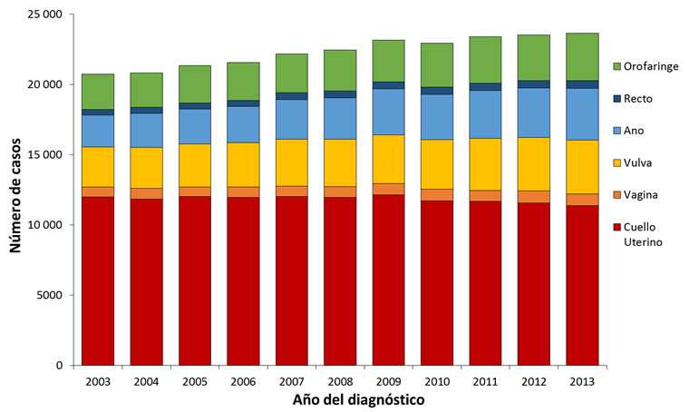 Esta gráfica muestra el número de casos de cánceres asociados al VPH entre las mujeres por año y localización del cáncer en los Estados Unidos desde el 2003 al 2013. Entre las mujeres que son diagnosticadas con el cáncer de cuello uterino asociado al VPH, se presentaron 11,994 casos en el 2003, 11,845 en el 2004, 12,036 en el 2005, 11,969 en el 2006, 12,021 en el 2007, 11,974 en el 2008, 12,134 en el 2009, 11,723 en el 2010, 11,680 en el 2011, 11,552 en el 2012, y 11,376 en el 2013. Entre las mujeres que son diagnosticadas con el cáncer vaginal asociado al VPH, se presentaron 699 casos en el 2003, 754 en el 2004, 671 en el 2005, 738 en el 2006, 753 en el 2007, 770 en el 2008, 798 en el 2009, 818 en el 2010, 779 en el 2011, 865 en el 2012, y 835 en el 2013. Entre las mujeres que son diagnosticadas con el cáncer de vulva asociado al VPH, se presentaron 2,866 casos en el 2003, 2,929 en el 2004, 3,044 en el 2005, 3,154 en el 2006, 3,314 en el 2007, 3,344 en el 2008, 3,482 en el 2009, 3,523 en el 2010, 3,700 en el 2011, 3,804 en el 2012, y 3,844 en el 2013. Entre las mujeres que son diagnosticadas con el cáncer anal asociado al VPH, se presentaron 2,250 casos en el 2003, 2,415 en el 2004, 2,490 en el 2005, 2,566 en el 2006, 2,841 en el 2007, 2,956 en el 2008, 3,269 en el 2009, 3,228 en el 2010, 3,403 en el 2011, 3,529 en el 2012, y 3,653 en el 2013. Entre las mujeres que son diagnosticadas con el cáncer del recto asociado al VPH, se presentaron 412 casos en el 2003, 439 en el 2004, 429 en el 2005, 434 en el 2006, 470 en el 2007, 493 en el 2008, 498 en el 2009, 524 en el 2010, 536 en el 2011, 521 en el 2012, 562 en el 2013. Entre las mujeres que son diagnosticadas con el cáncer orofaríngeo asociado al VPH, se presentaron 2,521 casos en el 2003, 2,434 en el 2004, 2,682 en el 2005, 2,687 en el 2006, 2,768 en el 2007, 2,918 en el 2008, 2,964 en el 2009, 3,130 en el 2010, 3,294 en el 2011, 3,247 en el 2012, y 3,381 en el 2013.