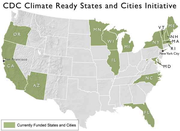 Ilustración: Mapa de iniciativa Ciudades y Estados Preparados para el Clima de los CDC (Climate-Ready States and Cities). Estados y ciudades actualmente financiados incluyen Arizona, California, Florida, Illinois, Maine, Maryland, Massachussetts, Michigan, Minnesota, New Hampshire, New York, New York City, North Carolina, Oregon, Rhode Island, San Francisco, Vermont y Wisconsin.