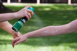 Alguien aplicando repelente de insectos en el brazo de una persona