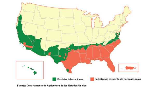 Rango de infestación posible o existente de hormigas rojas extranjeras