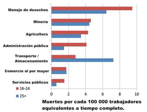 Muertes en automóviles relacionadas con el trabajo, por industrias y grupos de edad específicos, EE. UU., 2003-2010