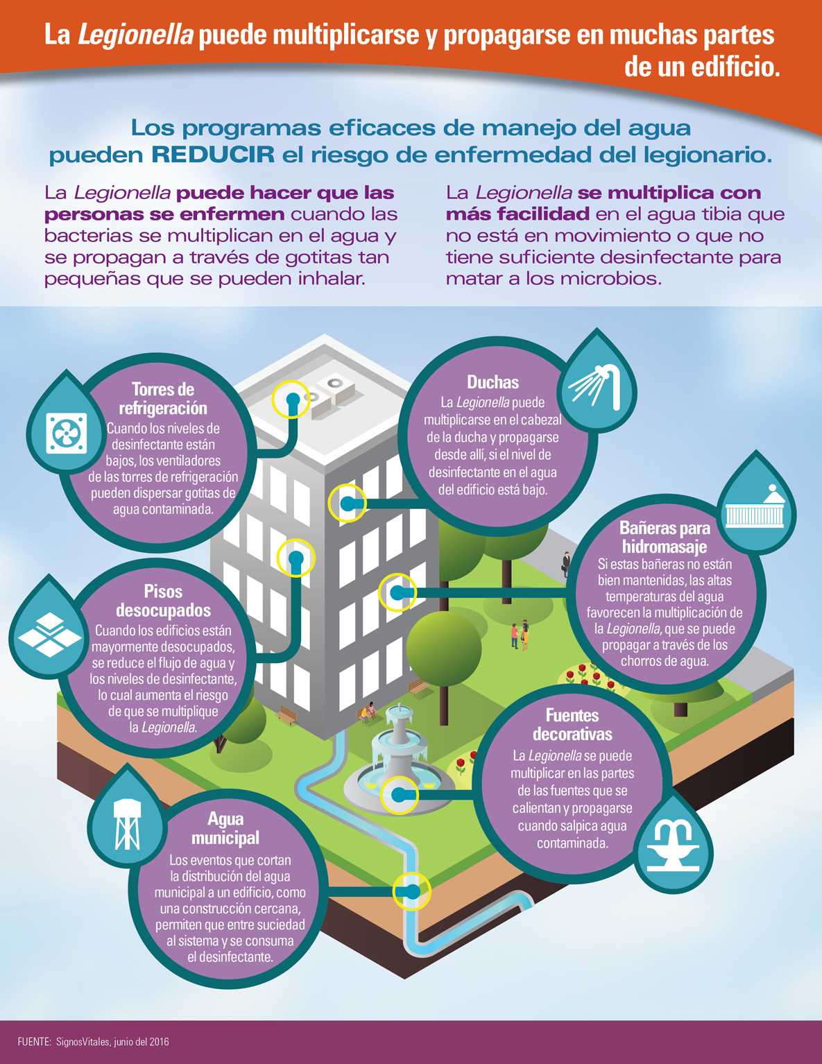 Infografía: La Legionella puede multiplicarse y propagarse en muchas partes de un edificio