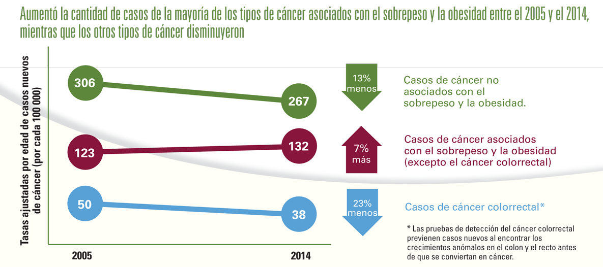 Infografía: Aumentó la cantidad de casos de la mayoría de los tipos de cáncer asociados con el sobrepeso y la obesidad entre el 2005 y el 2014, mientras que los otros tipos de cáncer disminuyeron.